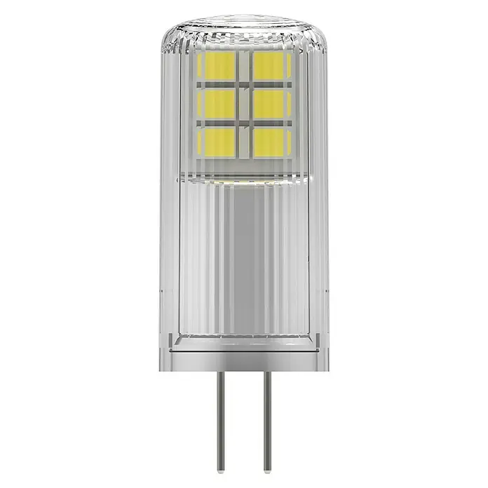Osram LED-Lampe Pin G4 MR16 - G4, Dimmbar, Warmweiß, 200 lm, 2 W - Eine LED G4 Lampe mit transparentem, geripptem Gehäuse und hellgelben LED-Elementen auf einem Zweipin-Sockel.