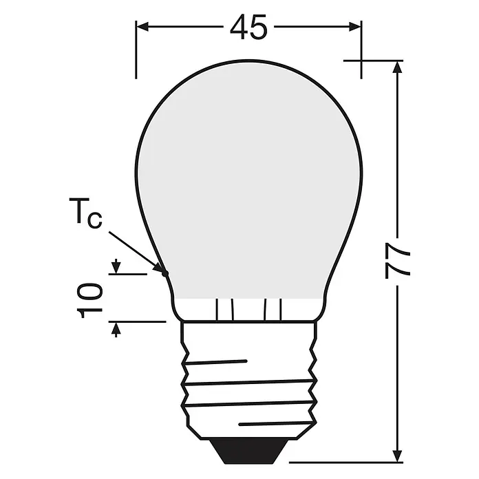 Osram Superstar LED-Lampe CLP15 - E27, Nicht Dimmbar, Warmweiß, 136 lm, 1,5 W - Technische Zeichnung einer Glühbirne mit 45mm Durchmesser, 77mm Länge und E-Sockel.