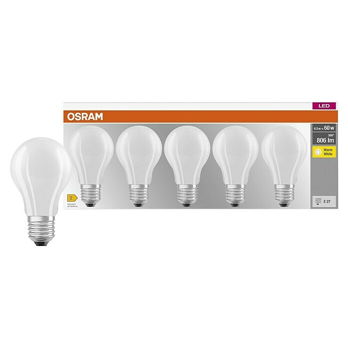 Osram Star Set LED sijalk v obliki žarnice E27 mat  (E27, Ni mogoče zatemniti, Toplo bela, 806 lm, 7 W, 5 kos, Mat) | LED luči | Svetlila | Elektro in svetila | Izdelki | BAUHAUS