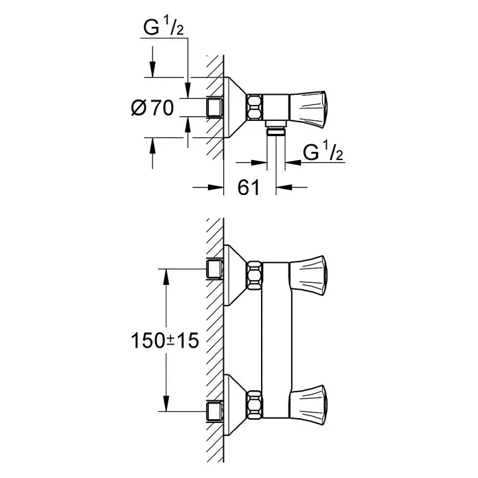 Grohe Costa Grifo monomando de ducha - Cromo, Brillante - Dibujo técnico de un mezclador de pared de dos mandos, mostrando dimensiones de instalación como G 1/2, Ø 70, 61 y 150±15.