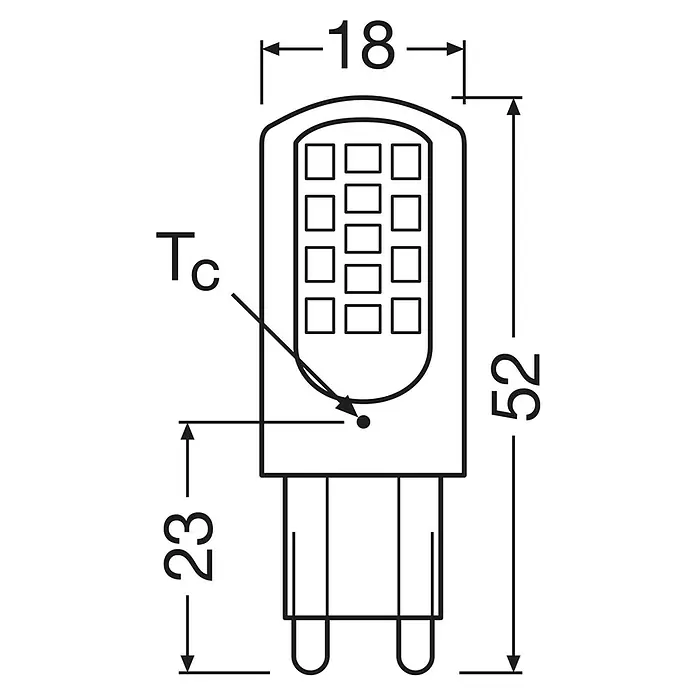 Osram Bombilla LED Pin G9 - G9, Intensidad regulable, Blanco cálido, 470 lm, 4,4 W - Dibujo técnico dimensionado de una lámpara LED G9, mostrando su forma compacta (18x52mm) con dos pines en forma de U.