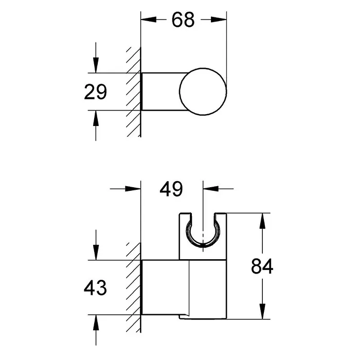 Grohe Rainshower Brausehalter - Kunststoff, Chrom - Technische Zeichnung von Wandhalterungen, eine mit rundem Ende, eine mit U-förmiger Halterung.
