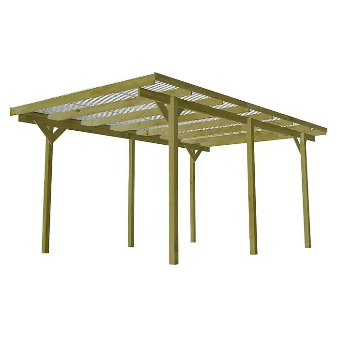 Carport - Einzelcarport - Das Bild zeigt eine Holzpergola mit schattenspendendem Gitterdach. Ideal für Garten oder Terrasse, bietet die Pergola Schutz vor Sonne.