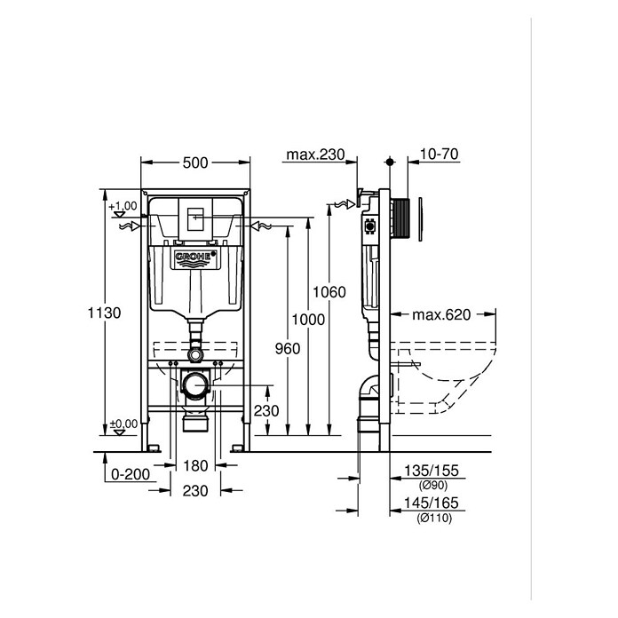 Grohe Rapid SL WC-Vorwandelement 3 in 1-Set (16,5 x 50 x 113 cm, Mit Grohe Skate Cosmoplitan Betätigungsplatte, Pulverbeschichtet)