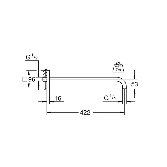 Grohe Rainshower Brazo de conexión - Largo: 42,2 cm, ½″, Cuadrado - Dibujo técnico de brazo de ducha mural con conexiones G 1/2, longitud total 422mm, proyección 16mm, carga máxima 7kg.