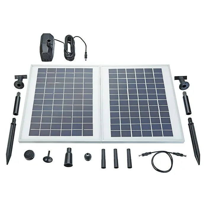 Neptun Solar-Teichpumpen-Set Solar NSTP-O 1600 - Fördermenge pro Std.: 1.600 l - Abbildung eines Solarpanels mit Zubehör, einschließlich Pumpe und Kabel, für Garten- und Teichanwendungen, ideal für umweltfreundliche Lösungen.