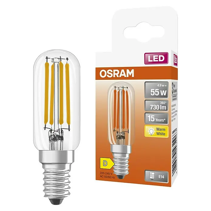 Osram Bombilla LED Special T26 - E14, No regulable, Blanco cálido, 730 lm, 6,5 W - Bombilla LED de filamento transparente con base de rosca E14, mostrada junto a su embalaje de cartón blanco y marrón.
