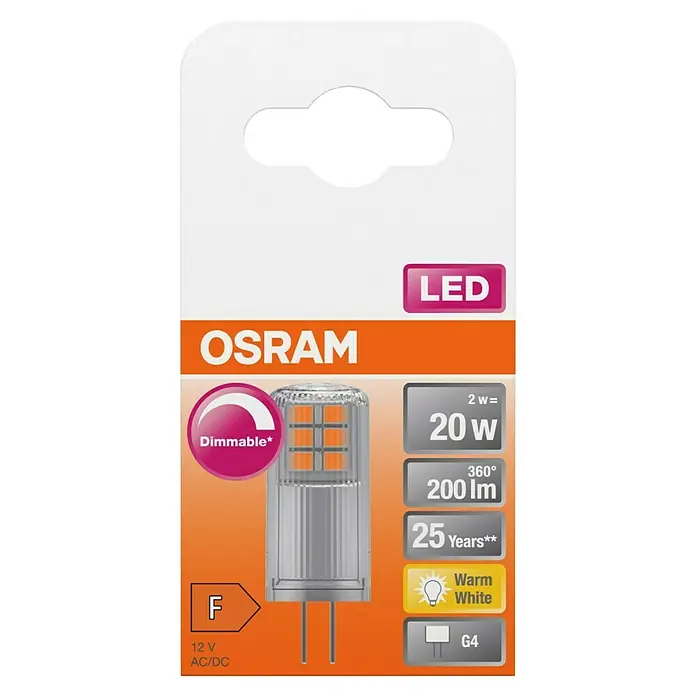 Osram LED-Lampe Pin G4 MR16 - G4, Dimmbar, Warmweiß, 200 lm, 2 W - OSRAM LED G4 Birne in Verkaufsverpackung, dimmbar, 200lm warmweiß, 12V, 2W (20W Äquivalent).