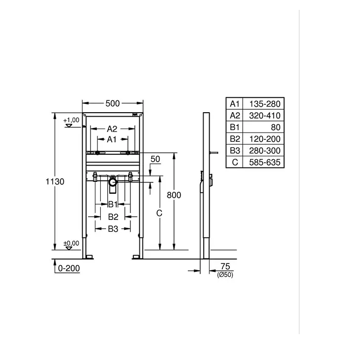Grohe Rapid SL Waschtisch-Vorwandelement - 7,5 x 50 x 113 cm, Mit Armaturenanschluss, Pulverbeschichtet - Technische Zeichnung eines wandhängenden WC-Installationselements mit Maßen und verstellbaren Höhen/Breiten.