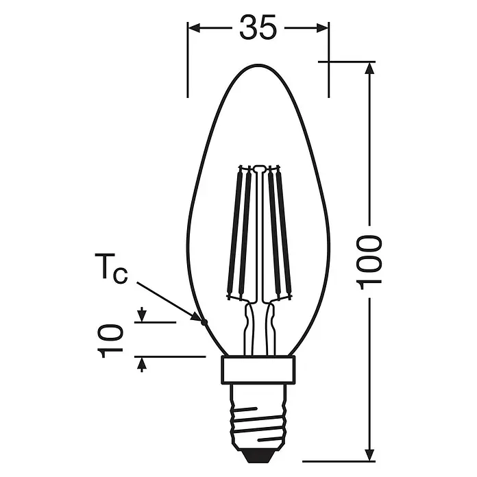 Voltolux LED-Lampen Set - E14, Nicht Dimmbar, Warmweiß, 470 lm, 7 W, 3 Stk., Kerze - Technische Zeichnung einer LED Kerzenlampe im Filamentstil, 100mm hoch und 35mm Durchmesser.