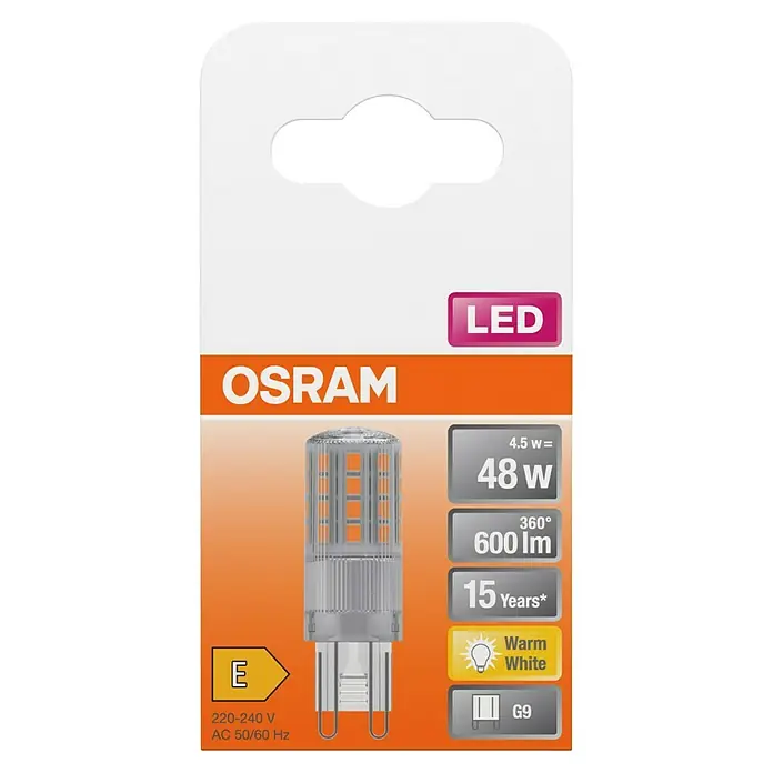 Osram LED-Lampe Pin G9 - G9, Nicht Dimmbar, Warmweiß, 600 lm, 4,8 W - OSRAM LED G9 Glühbirne in weiß-orangener Verpackung mit Spezifikationen wie 4,5W, 600lm und warmweißem Licht.