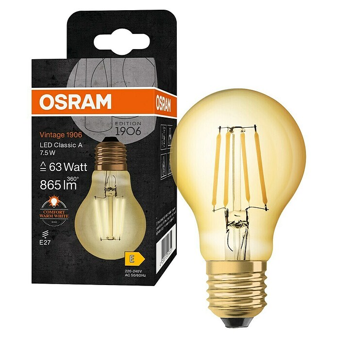 Osram LED svetlobni vir Vintage Edition 1906 v obliki žarnice E27  (E27, Ni mogoče zatemniti, Toplo bela, 950 lm, 7,5 W) | 3503 - LED Spezial- und dekorative Lampen | CBJG - LED Leuchtmittel | CBJ - Leuchtmittel | CB - Elektroinstallation | C - Elektro | BAUHAUS