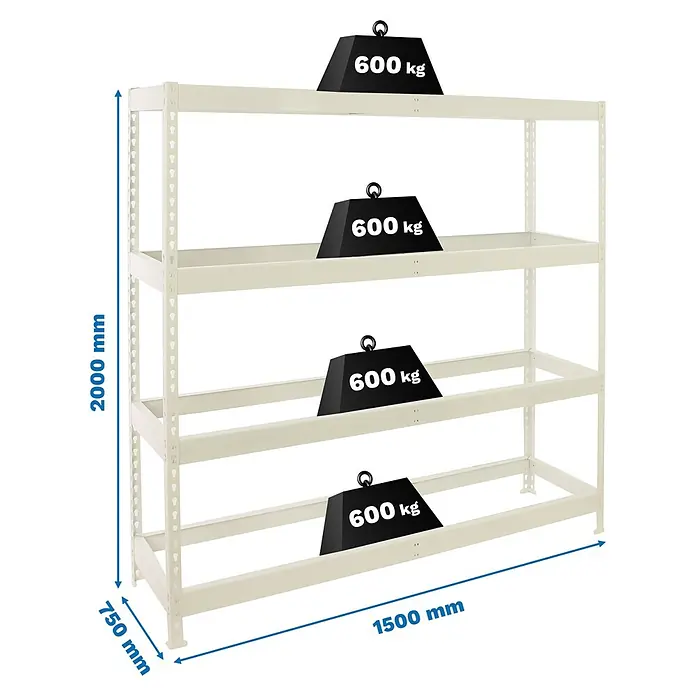 Simonrack Simonforte Estantería para cargas pesadas Metal - Al x An x Pr: 200 x 150 x 75 cm, Capacidad de carga por balda: 600 kg, Número de baldas: 4 ud., Inserción, Blanco, Bandejas no incluidas - Estantería robusta de alta resistencia con cuatro estantes, cada uno capaz de soportar hasta 600 kg. Ideal para almacenes, medidas 2000x1500x750 mm.