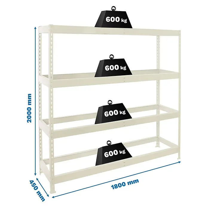 Simonrack Simonforte Estantería para cargas pesadas Metal - Al x An x Pr: 200 x 180 x 45 cm, Capacidad de carga por balda: 600 kg, Número de baldas: 4 ud., Inserción, Blanco, Bandejas no incluidas - Imagen de producto de una estantería de alta resistencia con cuatro estantes, cada uno cargado con un peso de 600 kg. Las dimensiones son 2000 mm de altura, 1800 mm de ancho y 450 mm de profundidad.
