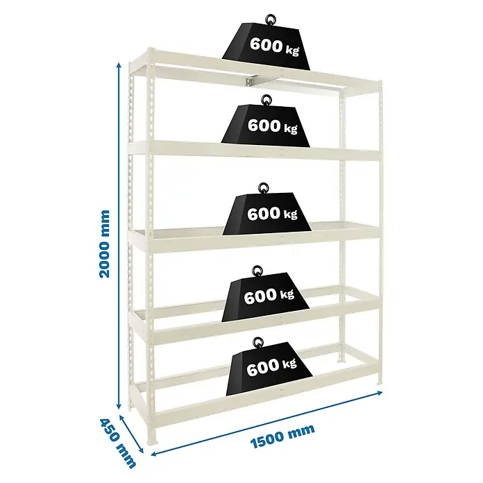 Simonrack Simonforte Estantería para cargas pesadas Metal - Al x An x Pr: 200 x 150 x 45 cm, Capacidad de carga por balda: 600 kg, Número de baldas: 5 ud., Inserción, Blanco, Bandejas no incluidas - Una estantería resistente blanca de alta resistencia con cinco niveles, cada uno cargado con 600 kg, ideal para almacenamiento.