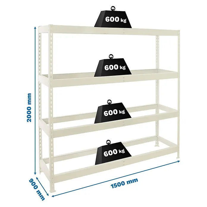Simonrack Simonforte Estantería para cargas pesadas Metal - Al x An x Pr: 200 x 150 x 90 cm, Capacidad de carga por balda: 600 kg, Número de baldas: 4 ud., Inserción, Blanco, Bandejas no incluidas - Ilustración de una estantería robusta de alta resistencia con cuatro estantes, cargada con pesos de 600 kg por nivel, mostrando dimensiones.