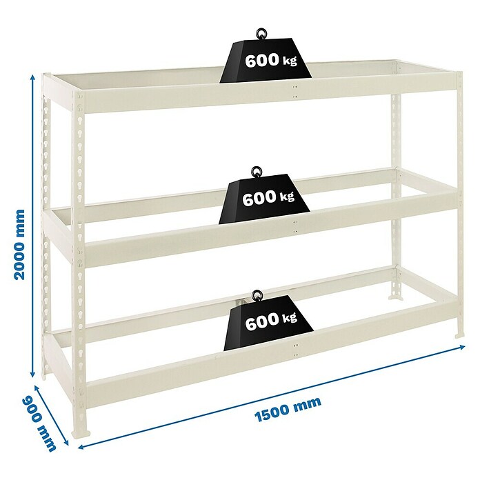 Simonrack Simonforte Estantería para cargas pesadas Metal (Al x An x Pr: 200 x 150 x 90 cm, Capacidad de carga por balda: 600 kg, Número de baldas: 3 ud., Inserción, Blanco, Bandejas no incluidas) | BAUHAUS