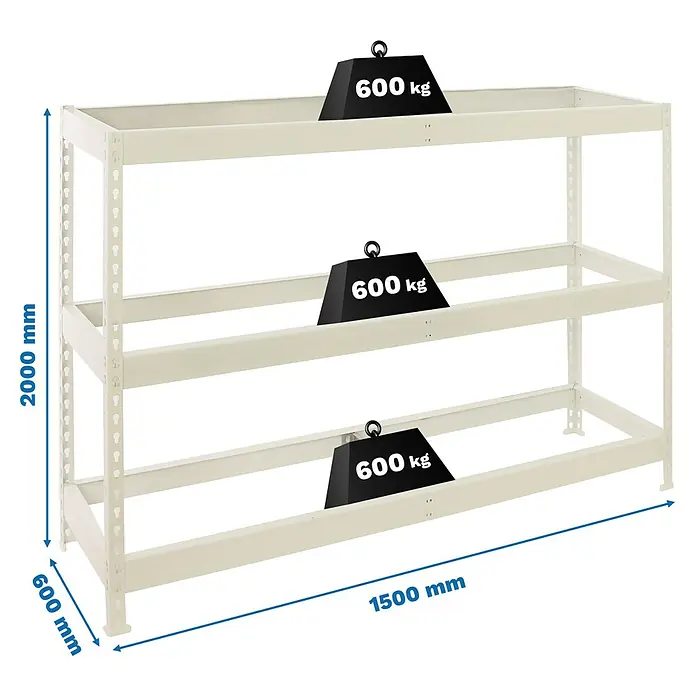Simonrack Simonforte Estantería para cargas pesadas Metal - Al x An x Pr: 200 x 150 x 60 cm, Capacidad de carga por balda: 600 kg, Número de baldas: 3 ud., Inserción, Blanco, Bandejas no incluidas - Ilustración de una estantería blanca de alta resistencia con tres niveles e indicaciones de peso.