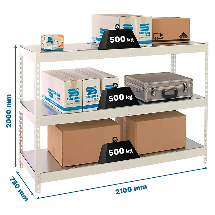 Simonrack Simonforte Estantería para cargas pesadas Metal - Al x An x Pr: 200 x 210 x 75 cm, Capacidad de carga por balda: 500 kg, Número de baldas: 3 ud., Inserción, Blanco/Galvanizado - Vista de una estantería de alta resistencia con tres niveles, cargada con cajas y pesos de 500 kg cada uno, con unas dimensiones totales de 2100 x 750 x 2000 mm.