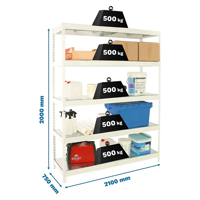 Simonrack Simonforte Estantería para cargas pesadas Metal - Al x An x Pr: 200 x 210 x 75 cm, Capacidad de carga por balda: 500 kg, Número de baldas: 5 ud., Inserción, Blanco/Galvanizado - Una estantería blanca de alta resistencia con cinco niveles, que muestra varios artículos y pesos de 500 kg en cada nivel.