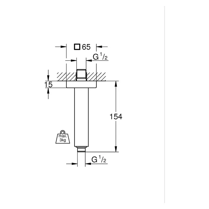 Grohe Rainshower Brazo de conexión - Montaje en el techo, Altura: 15,4 cm, ½″, Cuadrado - Dibujo técnico de una conexión de fontanería G 1/2 roscada de 154mm de largo, 15mm de profundidad de montaje y carga màx. 3kg.