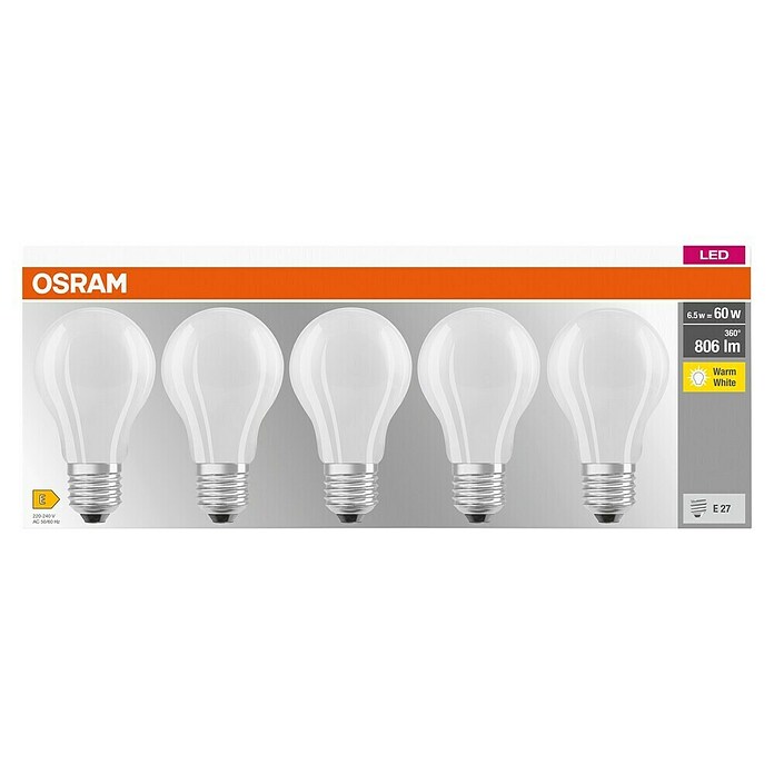 Osram Star Set LED sijalk v obliki žarnice E27 mat  (E27, Ni mogoče zatemniti, Toplo bela, 806 lm, 7 W, 5 kos, Mat) | LED luči | Svetlila | Elektro in svetila | Izdelki | BAUHAUS