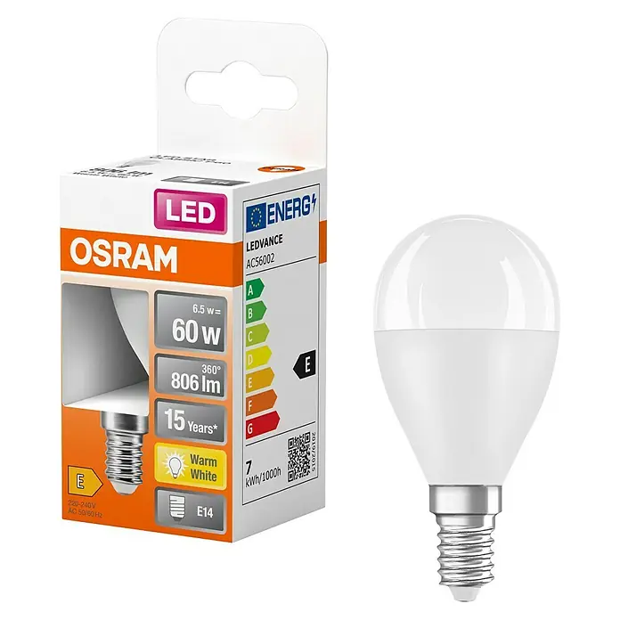 Osram Star Bombilla LED Classic P 60 - E14, No regulable, Blanco cálido, 806 lm, 7,5 W - Bombilla LED OSRAM (E14, 6.5W/806lm, Blanco Cálido) en embalaje de cartón con etiqueta energética (Clase E), junto a la bombilla.