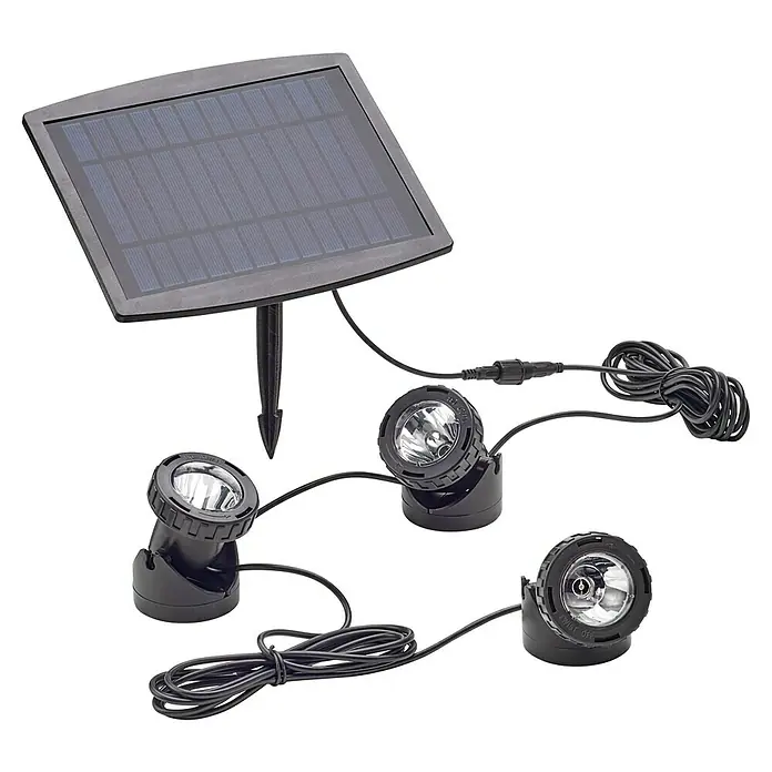 Neptun Teichbeleuchtung Solar LED Set 3 NSLS-O - 1,5 W, Anzahl LED: 3 Stk. - Solarbetriebene Teichbeleuchtung mit drei Scheinwerfern und einem Solarpanel für den Außenbereich.