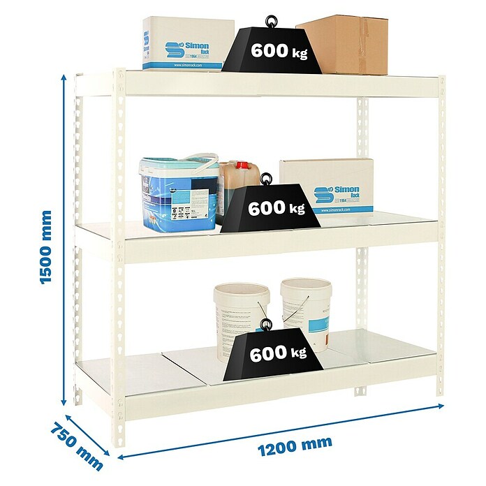 Simonrack Simonforte Estantería para cargas pesadas Metal (Al x An x Pr: 150 x 120 x 75 cm, Capacidad de carga por balda: 600 kg, Número de baldas: 3 ud., Inserción, Blanco/Galvanizado) | BAUHAUS