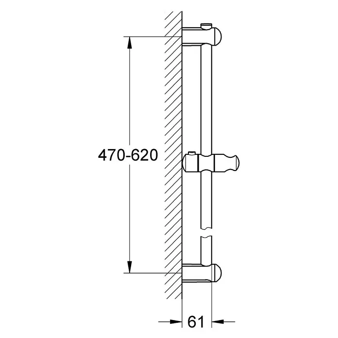 Grohe Euphoria Brausestange - Höhe: 62 cm, Lochabstand: 47 cm - 62 cm, Chrom - Technische Zeichnung einer Brausestange mit einstellbarer vertikaler Montagelänge von 470-620mm und 61mm Wandabstand.