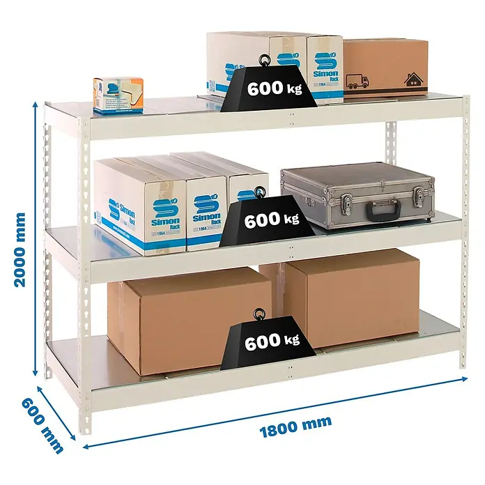 Simonrack Simonforte Estantería para cargas pesadas Metal - Al x An x Pr: 200 x 180 x 60 cm, Capacidad de carga por balda: 600 kg, Número de baldas: 3 ud., Inserción, Blanco/Galvanizado - Imagen de un estante de tres niveles cargado con cajas y pesos de 600 kg, mostrando las dimensiones.