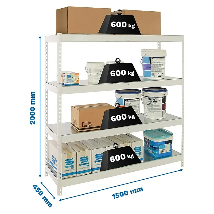 Simonrack Simonforte Estantería para cargas pesadas Metal - Al x An x Pr: 200 x 150 x 45 cm, Capacidad de carga por balda: 600 kg, Número de baldas: 4 ud., Inserción, Blanco/Galvanizado - Ilustración de una estantería de alta resistencia con unas dimensiones de 2000 mm de altura, 450 mm de profundidad y 1500 mm de anchura, cargada con 600 kg por estante.