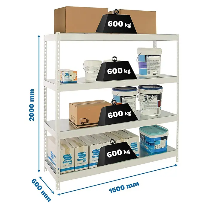 Simonrack Simonforte Estantería para cargas pesadas Metal - Al x An x Pr: 200 x 150 x 60 cm, Capacidad de carga por balda: 600 kg, Número de baldas: 4 ud., Inserción, Blanco/Galvanizado - Imagen de una estantería metálica blanca de cuatro niveles, cargada con cajas y botes de pintura, con un peso adicional de 600 kg en cada nivel.