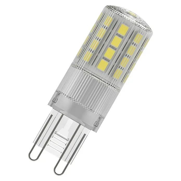 Osram Bombilla LED - G9, No regulable, Blanco cálido, 600 lm, 4,8 W - Bombilla cápsula LED G9 transparente con chips LED amarillos visibles y pines plateados.