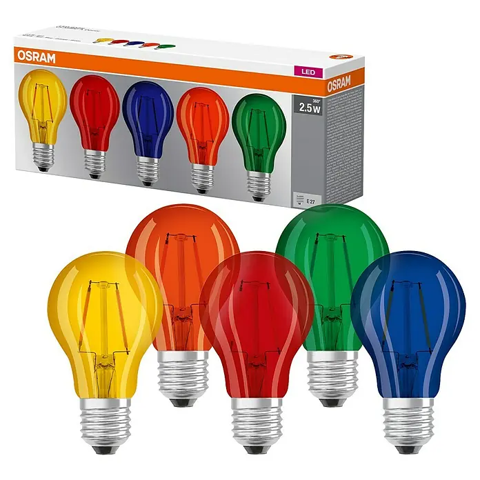 Osram Star LED-Lampe - E27, Nicht Dimmbar, Mehrfarbig, 10 lm, 5 Stk. - Set bunter OSRAM 2.5W E27 LED-Glühbirnen in Gelb, Rot, Orange, Blau und Grün.