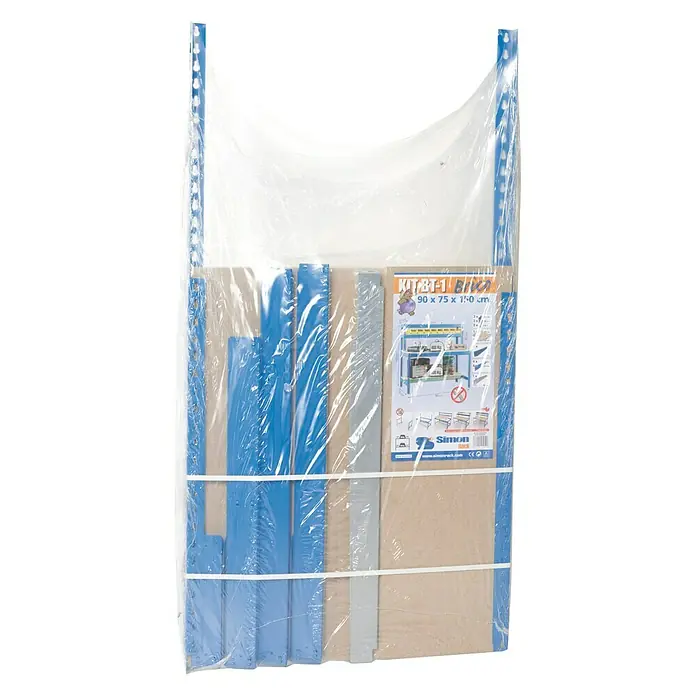 Simonrack Simonwork Werkbank BT1 900 - Breite: 91 cm, Blau/Holz - Das Bild zeigt eine verpackte Regalkonstruktion, bestehend aus blauen Metallrahmen und Einlegeböden, bereit für den Aufbau.