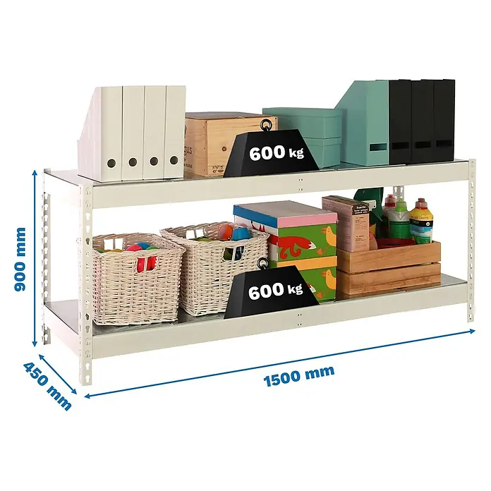 Simonrack Simonforte Estantería para cargas pesadas Metal - Al x An x Pr: 900 x 150 x 45 cm, Capacidad de carga por balda: 600 kg, Número de baldas: 2 ud., Inserción, Blanco/Galvanizado - Estantería de dos estantes para distribución de carga, dimensiones: 1500 x 450 x 900 mm, carga máx. 600 kg por estante.