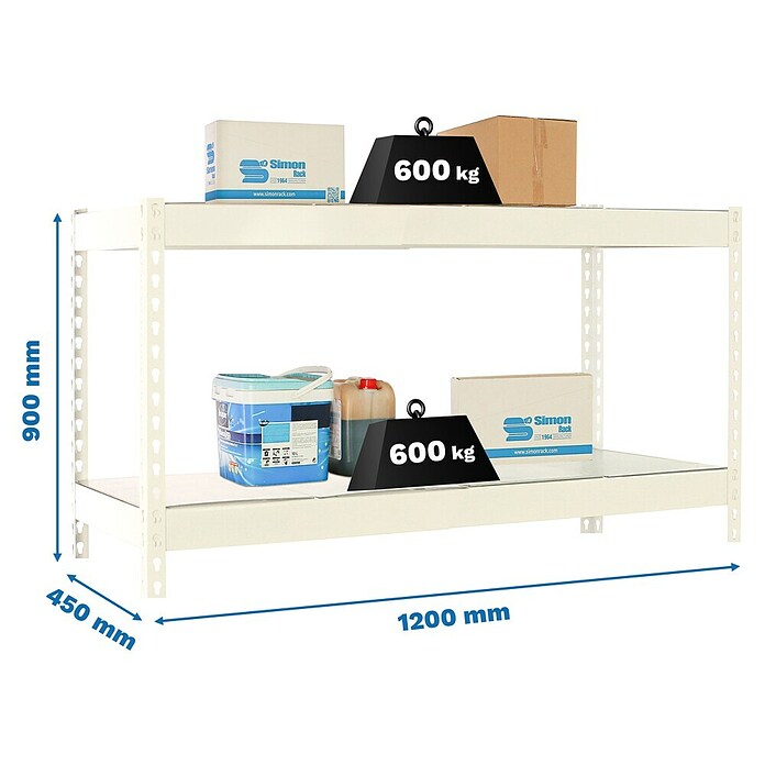 Simonrack Simonforte Estantería para cargas pesadas Metal (Al x An x Pr: 900 x 120 x 45 cm, Capacidad de carga por balda: 600 kg, Número de baldas: 2 ud., Inserción, Blanco/Galvanizado) | BAUHAUS