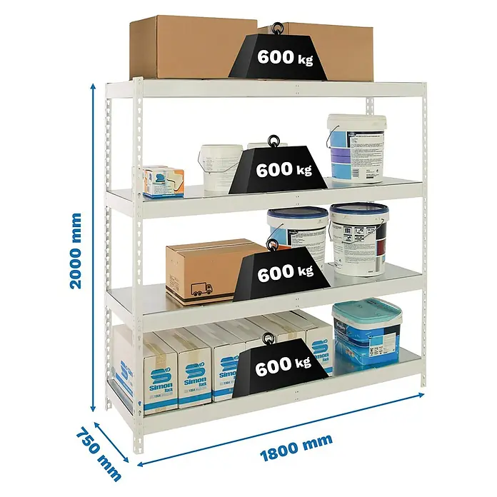 Simonrack Simonforte Estantería para cargas pesadas Metal - Al x An x Pr: 200 x 180 x 75 cm, Capacidad de carga por balda: 600 kg, Número de baldas: 4 ud., Inserción, Blanco/Galvanizado - Estantería de cuatro niveles, cargada con cajas y botes de pintura, cada nivel soportando un peso de 600 kg.