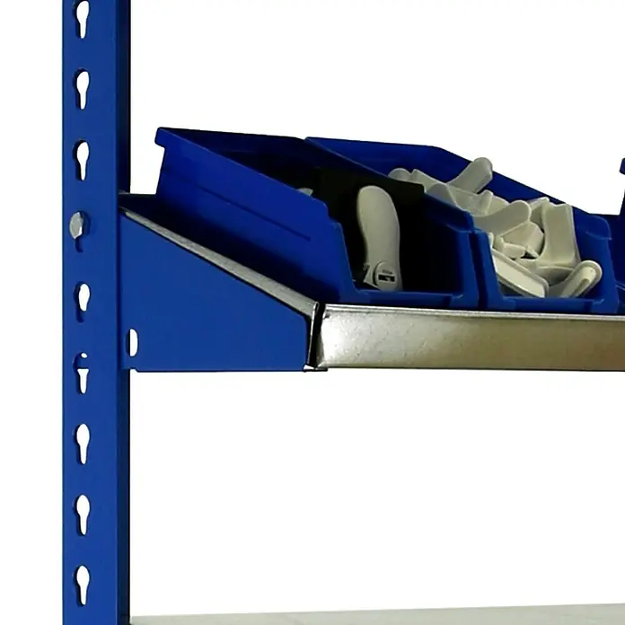 Simonrack Simonwork Werkbank BT1 900 - Breite: 91 cm, Blau/Holz - Blaues Lagerregal mit gefüllten Kunststoffbehältern zur Aufbewahrung von Kleinteilen, ideal für Werkstatt oder Lager.