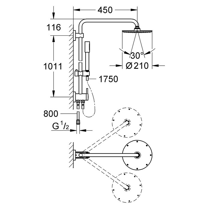 Grohe Duschsystem Rainshower 210 (Lochabstand: 101,1 cm, Anzahl Strahlarten: 1 Stk., Chrom) | BAUHAUS