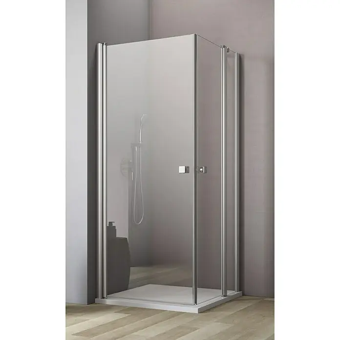 GEO Hit Eckdusche B-E120 - L x B x H: 100 x 100 x 202,2 cm, Unbeschichtet, Silber, Glasstärke: 6 mm - Eine moderne Duschkabine mit klaren Glaswänden und schlanken, silberfarbenen Rahmen. Das Design ist minimalistisch und funktional.