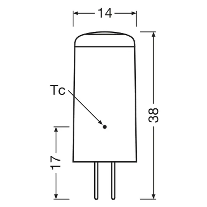 Osram LED-Lampe Pin G4 MR16 - G4, Dimmbar, Warmweiß, 200 lm, 2 W - Technische Zeichnung eines rechteckigen Elektronikbauteils mit zwei Stiften. Maße: 14mm Breite, 38mm Gehäuse, 17mm Stifte. Tc-Punkt markiert.