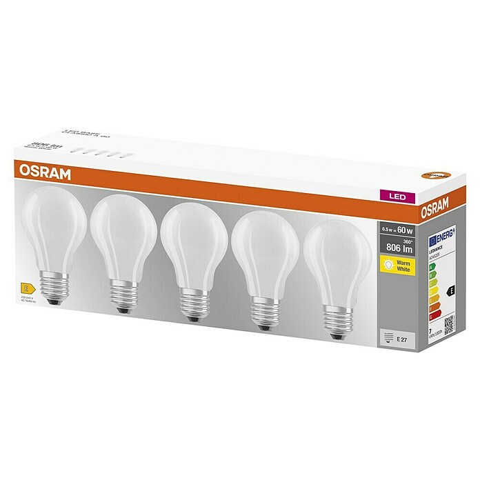 Osram Star Set LED sijalk v obliki žarnice E27 mat  (E27, Ni mogoče zatemniti, Toplo bela, 806 lm, 7 W, 5 kos, Mat) | LED luči | Svetlila | Elektro in svetila | Izdelki | BAUHAUS