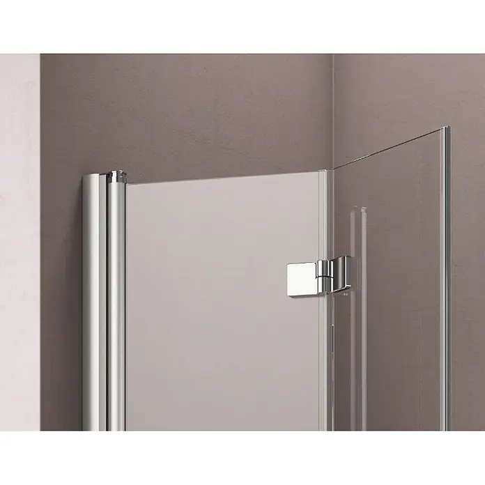 GEO Hit Eckdusche B-E430 - L x B x H: 90 x 90 x 202,2 cm, Unbeschichtet, Silber, Glasstärke: 6 mm - Detailaufnahme einer modernen Duschkabine mit klaren Glaswänden und glänzenden Chrombeschlägen. Stilvolles Baddesign mit minimalistischem Flair.