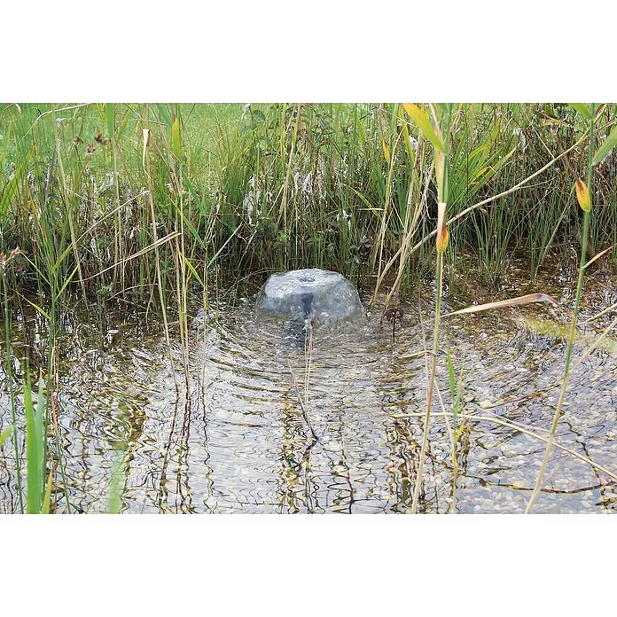 Neptun Solar-Teichpumpen-Set Solar NSTP-O 1600 - Fördermenge pro Std.: 1.600 l - Eine Teichbelüfterpumpe inmitten eines üppigen Gartenteiches, umgeben von grünen Gräsern, sorgt für Sauerstoffzirkulation und eine gesunde Teichumgebung.