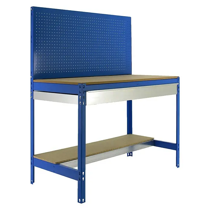 Simonrack Simonwork Werkbank BT2 Box 900 - Blau/Holz, Breite: 91 cm - Ein blauer Arbeitstisch mit Lochplatte und Ablagefläche. Ideal für Werkstätten und Hobbyräume.