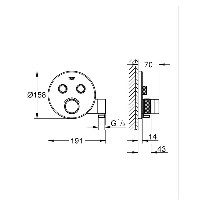 Grohe Grohtherm SmartControl UP-Thermostatarmatur - Rund, Chrom, Glänzend - Technische Zeichnung einer runden Wand-Brausesteuerung mit drei Knöpfen, mit Maßen und G 1/2 Anschluss.