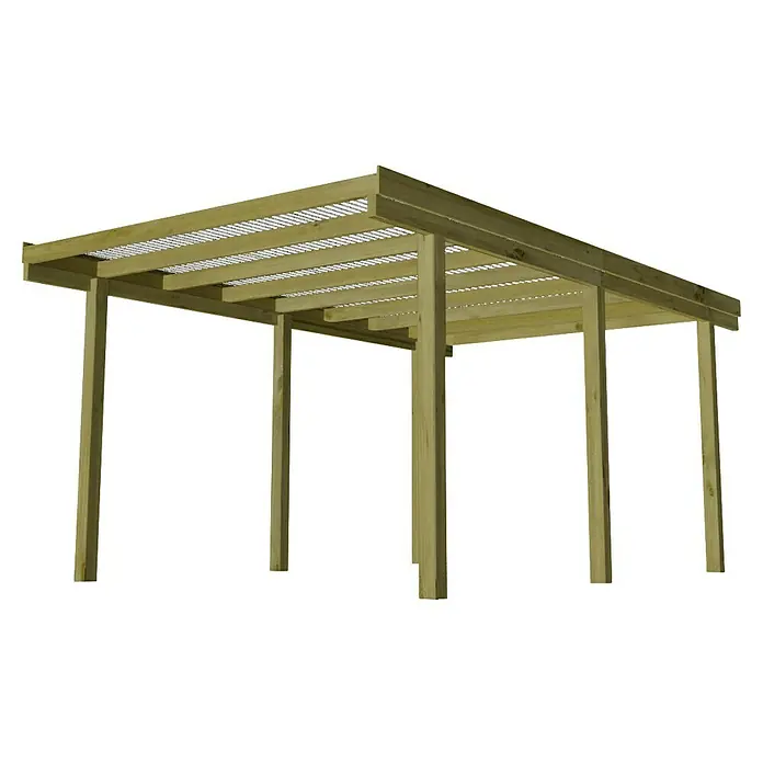 Carport Berlin - Einzelcarport - Ansicht eines Holzschuppens mit offenen Seiten und einem Lattenrostdach, der für Schatten oder Schutz im Freien sorgt.