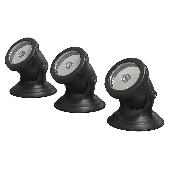 Pontec Teichbeleuchtung PondoStar Set 3 - 1 W, Mit Trafo - Drei schwarze Strahler im Außenbereich mit hellem Licht.